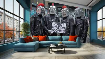 A photo of four robots standing in an outdoor setting. They are all wearing punk leather spiked jackets and have red mohawks on their heads. holding a sign that says 