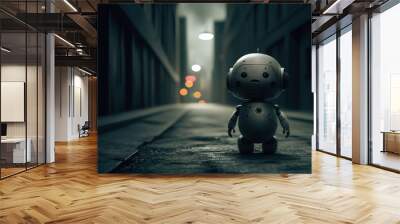 A small, cute robot with a simple design, standing in a city alleyway. The robot is a lonely and melancholic look.  Wall mural