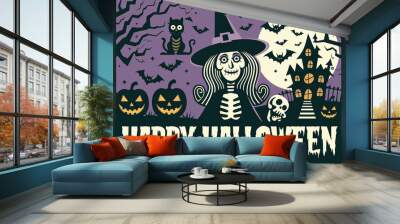 An old school vintage Halloween poster with a scary illustration of a witch and a skeleton. Cats, bats and horror house with full moon. Wall mural