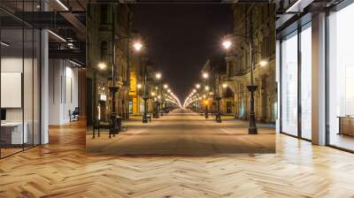 Piotrkowska street at night in Lodz city, Lodzkie, Poland Wall mural