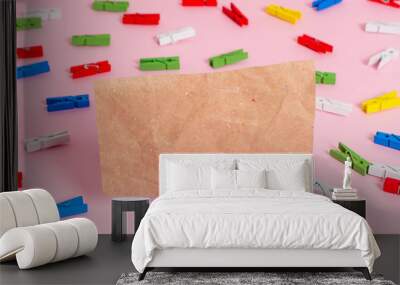 Colored clothespin papers empty reminder pink floor background office pin Wall mural