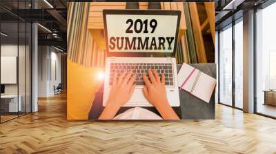 Conceptual hand writing showing 2019 Summary. Concept meaning brief comprehensive especially covering the main points of 2019 woman with laptop smartphone and office supplies technology Wall mural