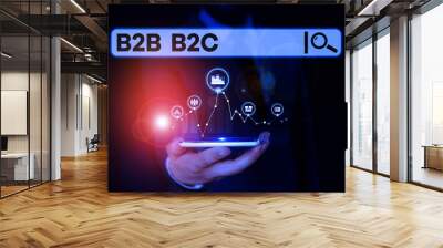 Conceptual hand writing showing B2B B2C. Concept meaning two types for sending emails to other showing Outlook accounts Male wear formal suit presenting presentation smart device Wall mural