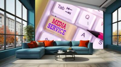 Conceptual hand writing showing Media Service. Concept meaning server programs that delivers streaming media over the Web Wall mural