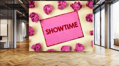 Conceptual hand writing showing Showtime. Business photo showcasing Time a Play Film Concert Performance Event is scheduled to start written Sticky Note Paper plain background Paper Balls. Wall mural