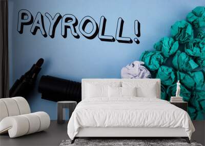 Handwriting text Payroll Motivational Call. Concept meaning Total salaries paid by a company to its employees written Plain Blue background Crumpled Paper Balls and Marker next to it. Wall mural