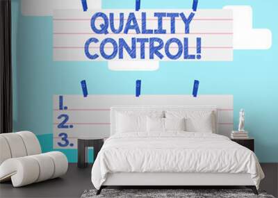 Handwriting text writing Quality Control. Conceptual photo system of maintaining standards in analysisufactured products Two Color Blank Strip Size Lined Paper Sheet Hanging Using Blue Clothespin Wall mural