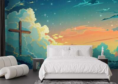 Whimsical illustration of a cross in the clouds at sunset, representing faith, hope, and spirituality in a colorful, artistic style. Wall mural