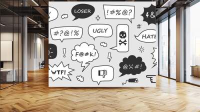 Set of speech bubbles of curses, insults with text and emoji on a gray background. Wall mural