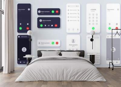 smartphone user interface dark and light theme concept template. design of contacts, dialer, call, v Wall mural