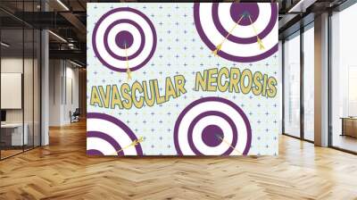 Text sign showing Avascular Necrosis. Business photo showcasing death of bone tissue due to a lack of blood supply Arrow and round target inside asymmetrical shaped object multicolour design Wall mural