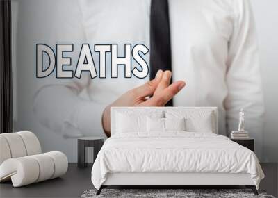 Text sign showing Deaths. Business photo showcasing permanent cessation of all vital signs, instance of dying individual Model with pointing hand finger symbolizing navigation progress growth Wall mural