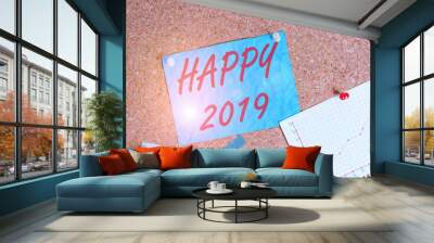 Text sign showing Happy 2019. Business photo showcasing feeling showing or causing pleasure or satisfaction for 2019 Corkboard color size paper pin thumbtack tack sheet billboard notice board Wall mural