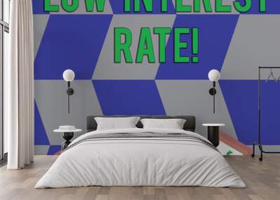 Text sign showing Low Interest Rate. Business photo text Manage money wisely pay lesser rates save higher Exchange Arrow Icons Between Two Laptop with Currency Sign and Check Icons Wall mural