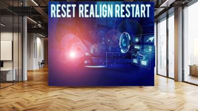 Text sign showing Reset Realign Restart. Business photo showcasing Life audit will help you put things in perspectives Woman wear formal work suit presenting presentation using smart device Wall mural