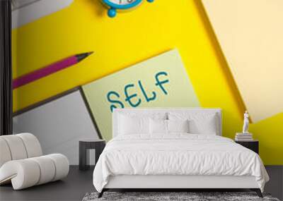 Text sign showing Self Care. Business photo text the practice of taking action to improve one s is own health Wall mural