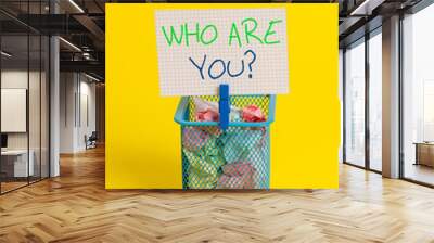 Text sign showing Who Are You question. Business photo showcasing asking demonstrating identity or demonstratingal information Trash bin crumpled paper clothespin empty reminder office supplies yellow Wall mural