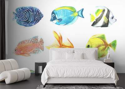 Watercolor collection of tropical fish. Aquarium inhabitants. Wall mural