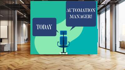 Word writing text Automation Manager. Business photo showcasing eliminate repetiative tasks across your customer base Wheeled work chair with three wheels and two arms each side present speech Wall mural