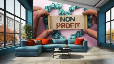 Word writing text Non Profit. Business concept for Charitable Wrothless Philanthropy Aid Unlucrative Profitless written on Cardboard Paper Holding by man plain background on Heart Paper Balls. Wall mural