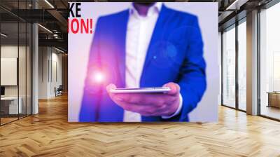 Word writing text Take Action. Business photo showcasing do something official or concerted to achieve aim with problem Business concept with man holding mobile phone with touch screen Wall mural