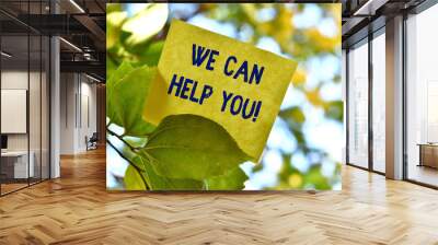 Word writing text We Can Help You. Business photo showcasing offering good assistance to customers or friends Piece of square paper use to give notation on tree leaf under sunny day Wall mural