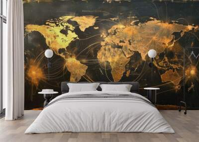 World map with intricate golden lines depicting global connections and travel routes Wall mural