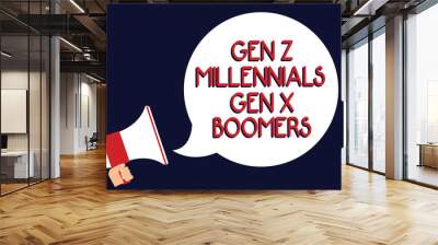 Writing note showing Gen Z Millennials Gen X Boomers. Business photo showcasing Generational differences Old Young people Man holding megaphone loudspeaker speech bubble black background. Wall mural