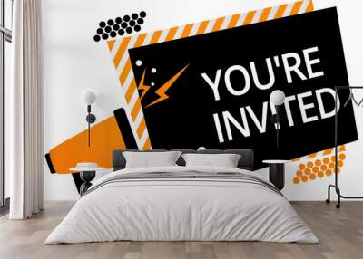 Writing note showing You re are Invited. Business photo showcasing Please join us in our celebration Welcome Be a guest Megaphone loudspeaker orange striped frame important message speaking Wall mural