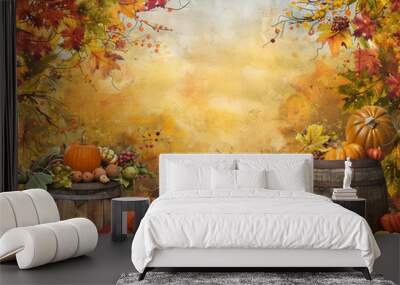 thanksgiving fall autumn background or backdrop for photos or wallpaper with pumpkins and barrels and beautiful colored leaves Wall mural