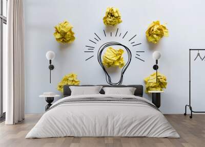 Creative idea. Concept of idea and innovation with yellow paper ball and light bulb Wall mural