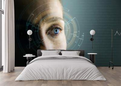 High Technologies in the future. Young woman's eye and high-tech concept, augmented reality display, wearable computing Wall mural