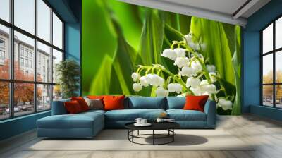 Blooming Lily of the valley in spring garden Wall mural