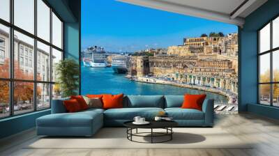 Medieval Malta: Valletta waterfront, Malta, features iconic churches, historic buildings and luxury yachts in Malta. Cultural heritage of Malta Wall mural