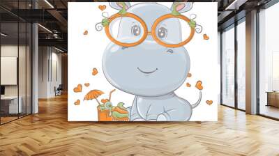 Cartoon hippo with pumpkin cocktail. Vector illustration of Halloween animal. Cute little illustration Halloween hippopotamus for kids, fairy tales, covers, baby shower, textile t-shirt, baby book. Wall mural