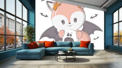 Halloween fox with a ghost. Vector illustration of Halloween animal. Cute little illustration Halloween fox for kids, fairy tales, covers, baby shower, textile t-shirt, baby book. Wall mural