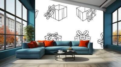 Set of Gift boxes with ribbon icon outline style. Surprising gift boxes collection, Prize simple drawing black line art isolated on transparent background. Wall mural