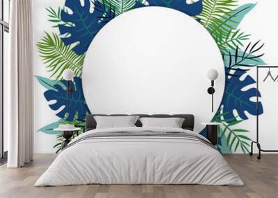 Tropical background with white circle and tropical leaves Wall mural