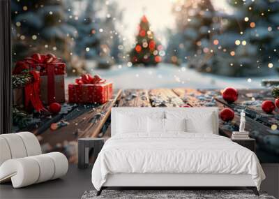 A christmas background with a wooden table and chistmas decoration Wall mural