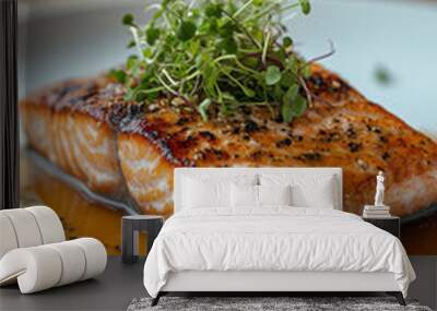 fried salmon with microgreens, delicious healthy food Wall mural