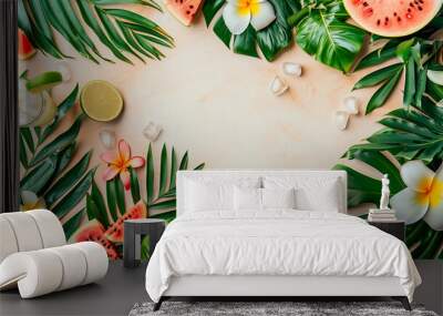 White and beige summer background with leaves and flowers Wall mural