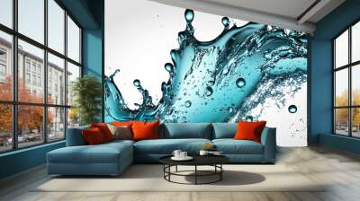 Close-up of a blue water splash with droplets and bubbles isolated on white background. Wall mural