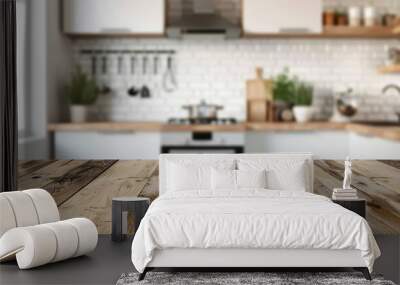 Wooden table top with blurred background of a modern kitchen. Wall mural