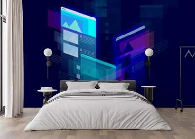 Mobile multicolor isometric user interface on dark blue background - developement concept Wall mural