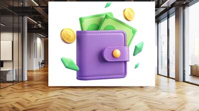 3D Wallet Filled with Cash and Coins. Purple 3D wallet overflowing with cash and coins. Wall mural