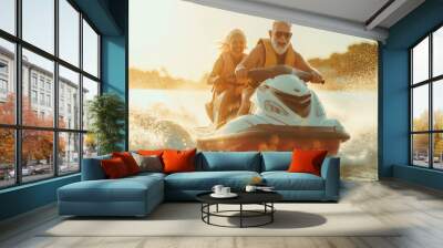 A happy old couple riding on jet skis  Wall mural