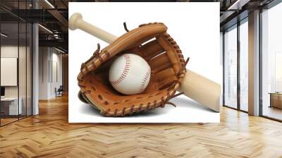 Baseball Glove with Ball and Bat on White Plain Background Digital Rendering for Sports Concept Wall mural