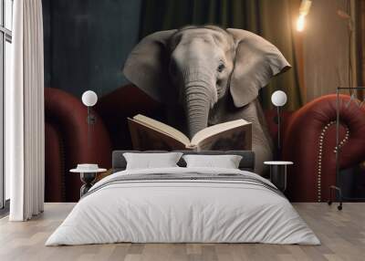 elephant reading book on sofa, learning and knowladge concept, Generative ai Wall mural