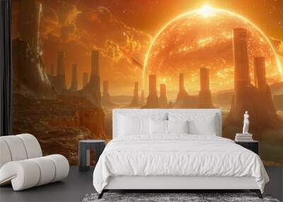 Cosmic Odyssey- Distant Planet with Bioluminescent Flora and Alien Landscapes Wall mural