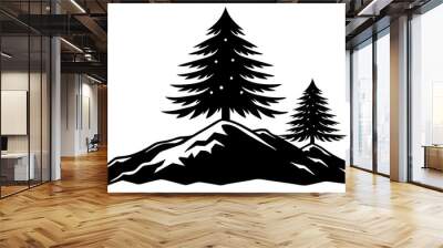 Pine Tree on Snowy Mountain: Detailed Winter Landscape Illustration Wall mural